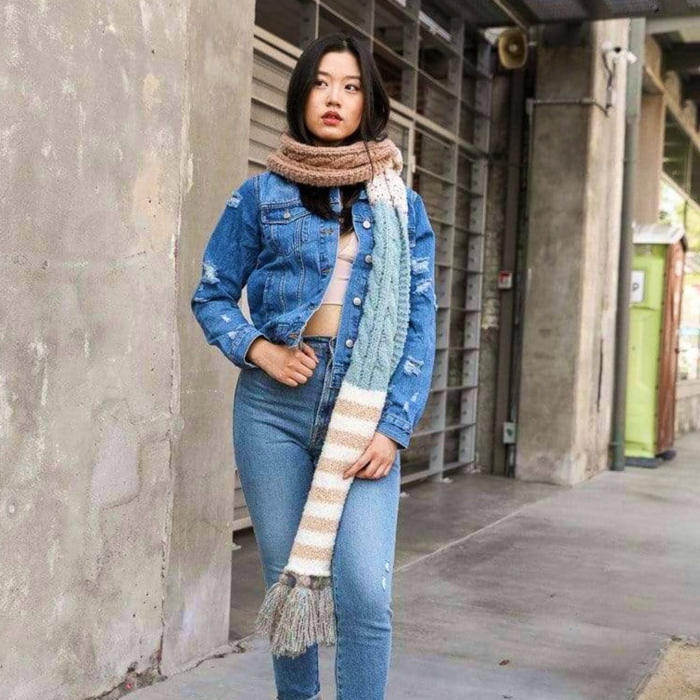 Speckle Stripes and Tassels Scarf in Blue Mocha